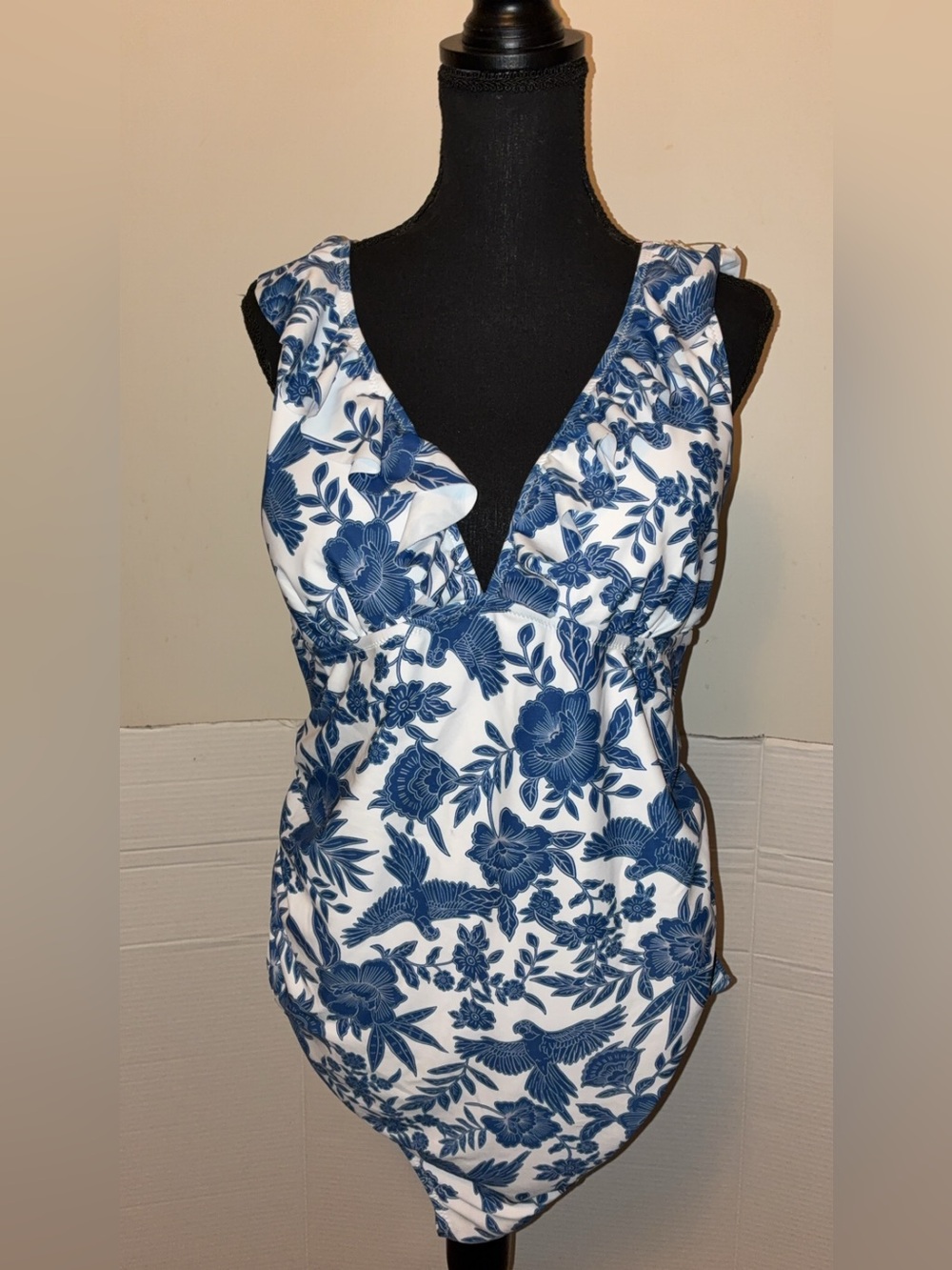 Blue Floral V-Neck Women’s Swimsuit- White & Blue